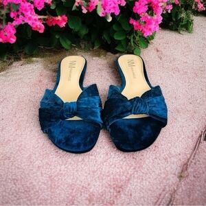 NEIMAN MARCUS Blue Velvet Slides Bow Tie Flat Mules Women Slip on Sandals Shoes